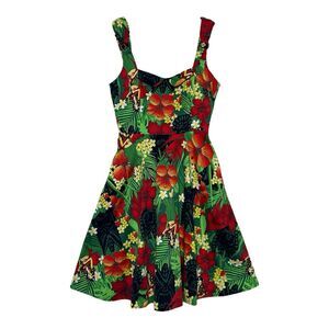 Voodoo Vixen Dress Women's Sz XL Hula Girl Tiki Hawaiian Floral Rockabilly STAIN